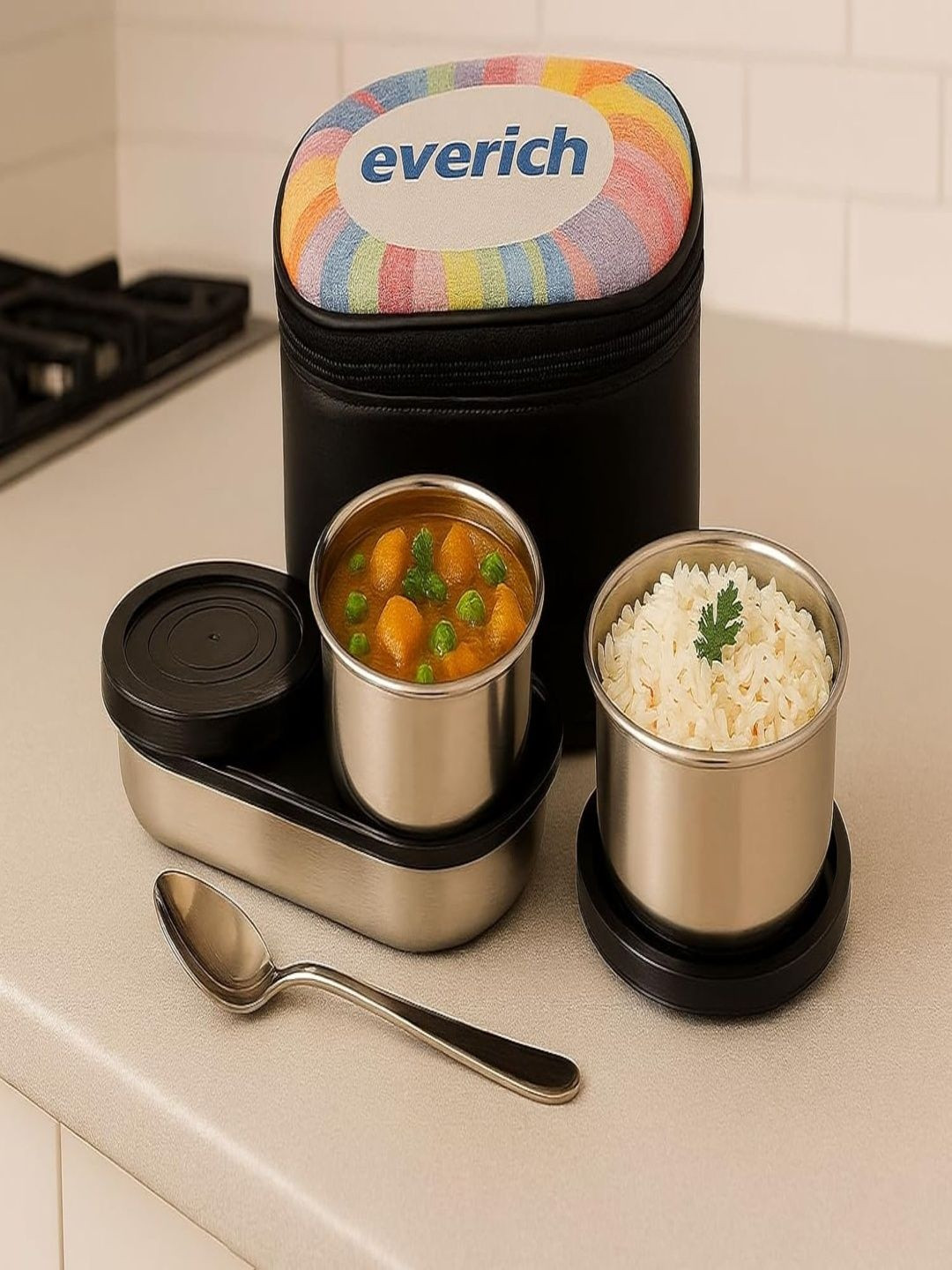 METKING Black Printed Stainless Steel Dishwasher Safe 3 Pieces Lunch Box