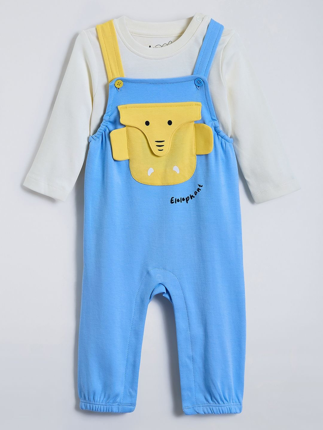 Hopscotch Boys Printed Pure Cotton Elephant Applique Dungaree