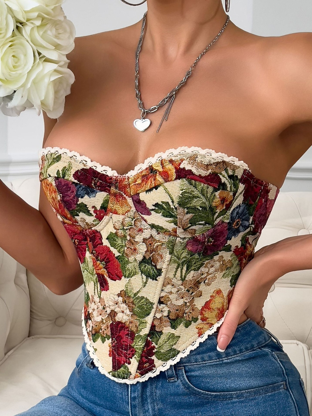 Bebe Floral Print Sweetheart Neck Crop Top