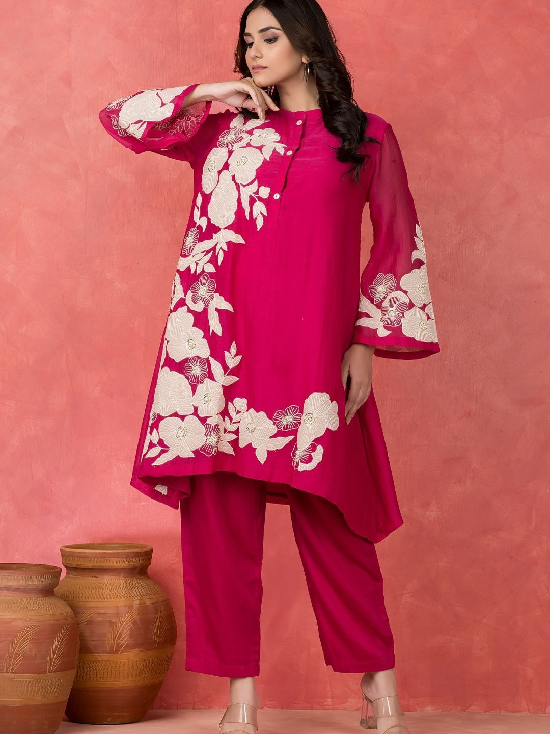 SACRED SUTA Embroidered Mandarin Collar Neck Top With Trousers Co-Ords