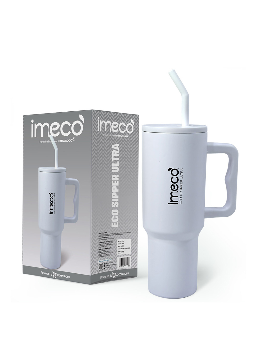 IMECO White & Black Stainless Steel Brand Logo Printed Sipper Tumbler 1200ml