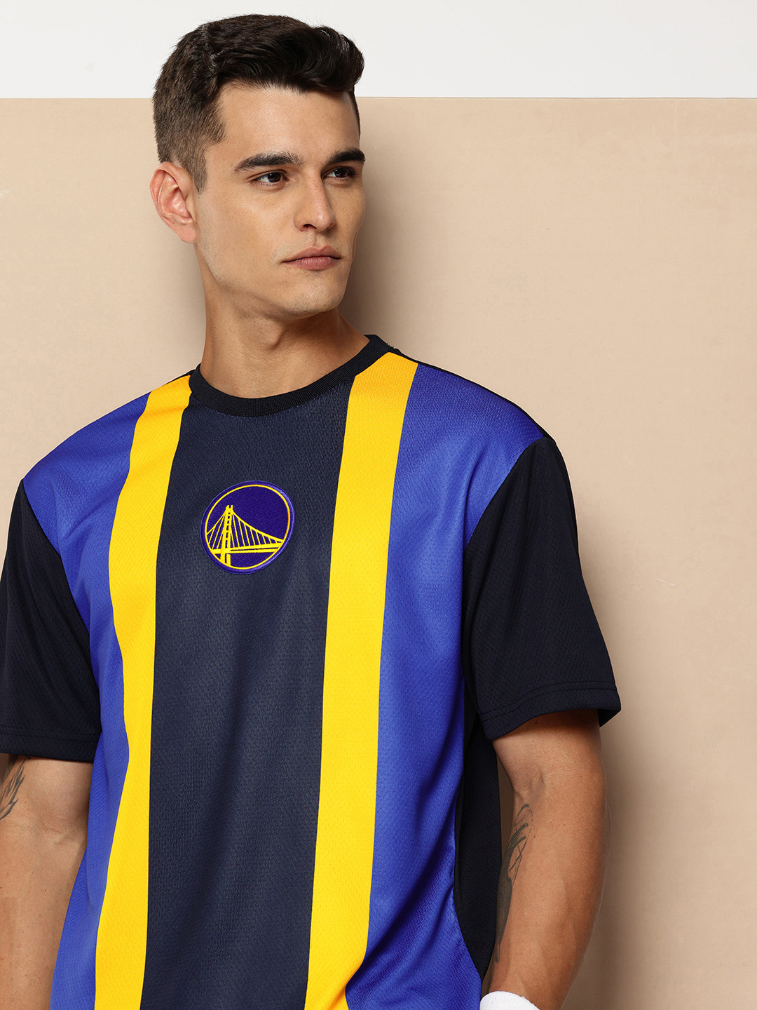 NBA Golden State Warriors Striped Drop-Shoulder Sleeves Oversized T-shirt