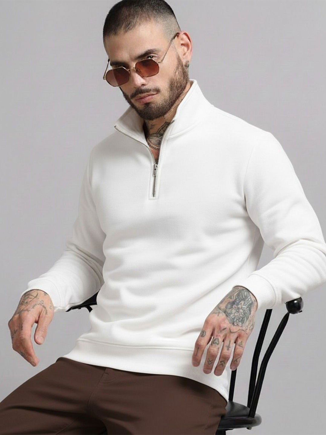Try This Men High Neck Solid Long Sleeves Half Zipper Sweatshirt