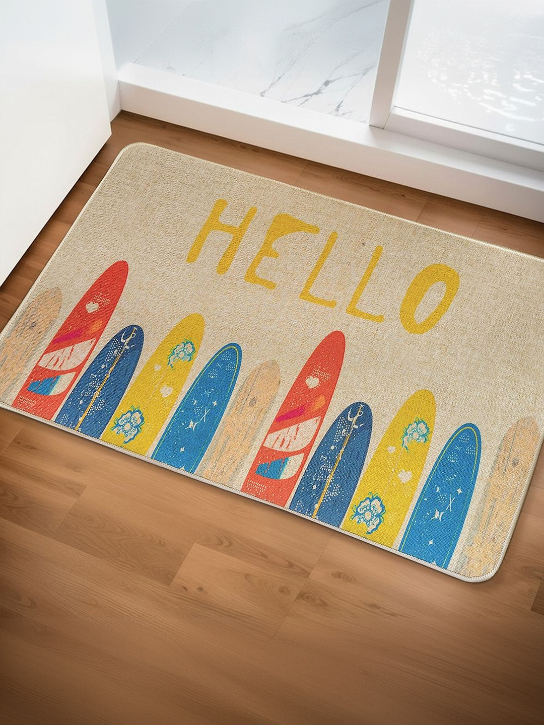 Yellow Weaves Beige & Yellow Printed Anti-Slip Super-Absorbent 300-GSM Bath Rug