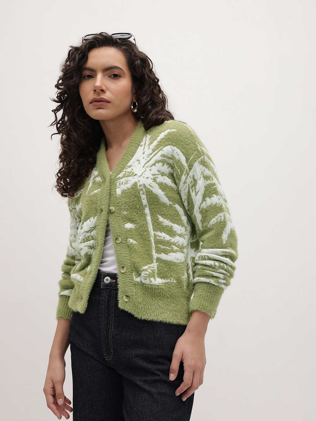 The Roadster Life Co. Tropical Self Design V-Neck Cardigan With Faux Fur Detail