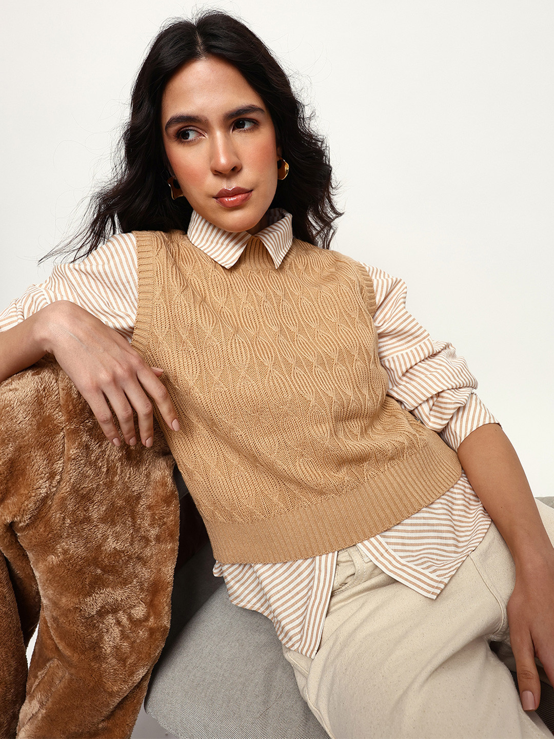 High Star Women Cable Knit Sleeveless Sweater Vest