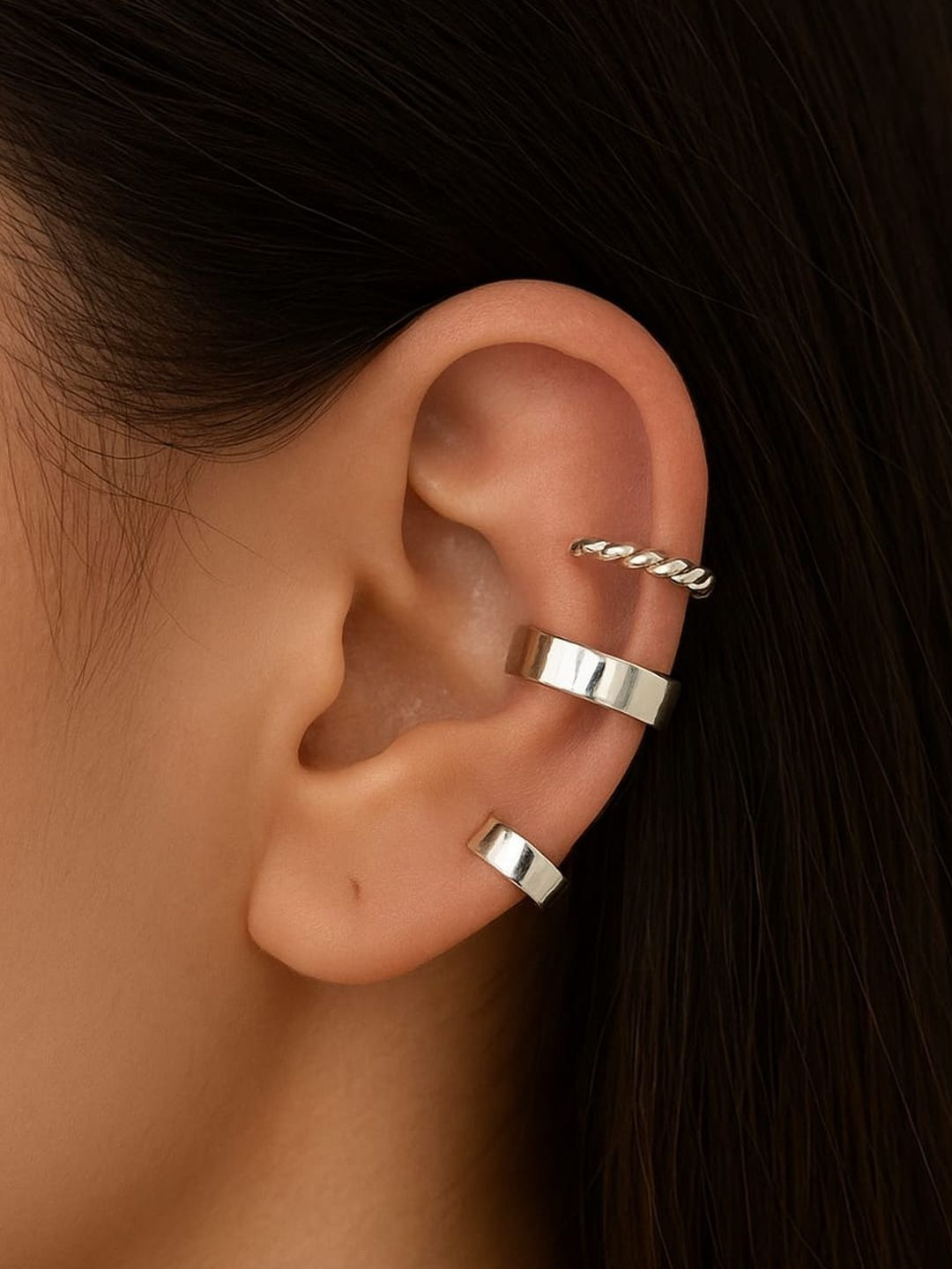 Sangria Set Of 3 925 Sterling Silver Non-Piercing Single Ear Cuffs