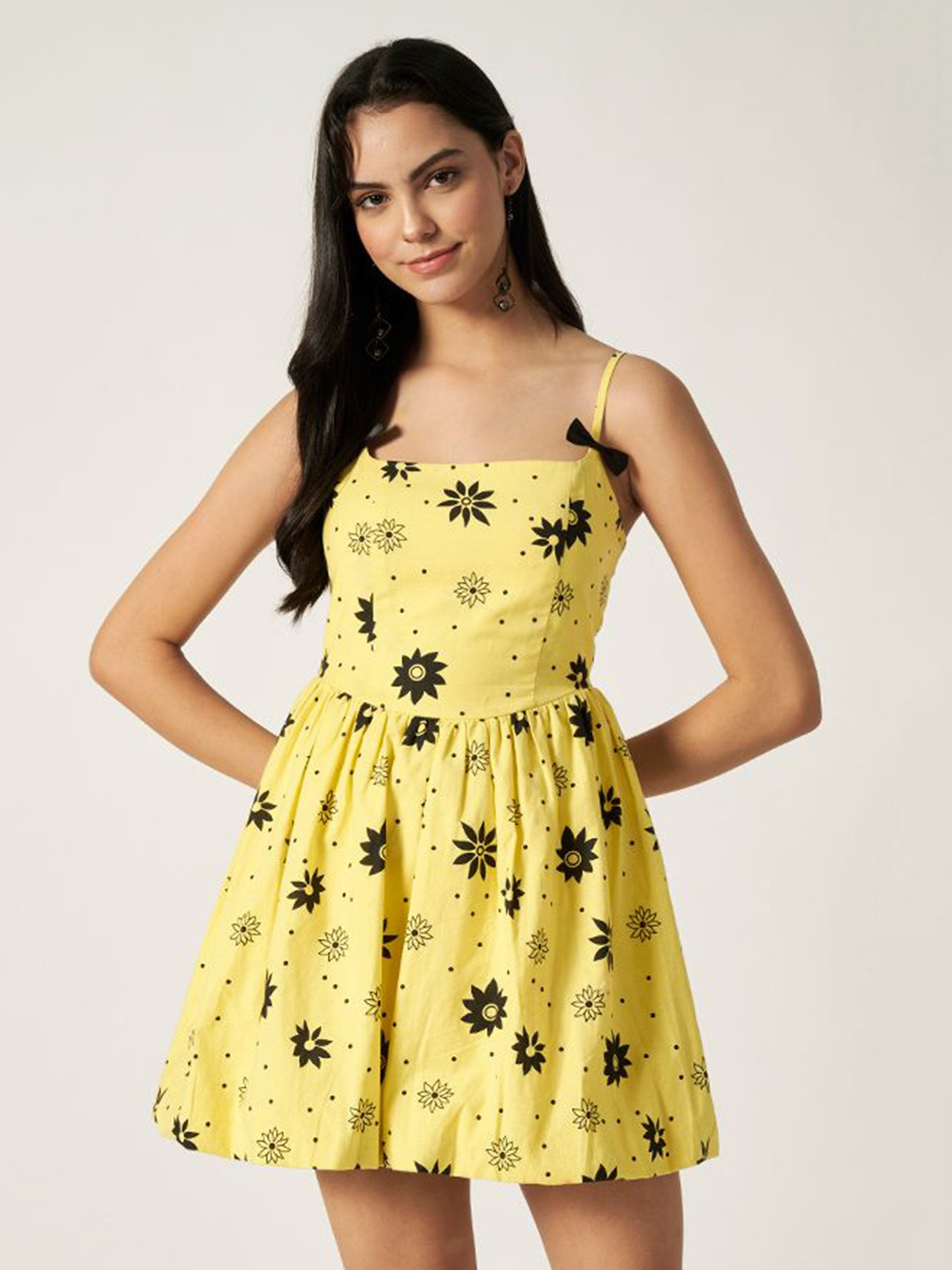 House of Sal Floral Printed Diza Bow Cotton Fit & Flare Mini Dress