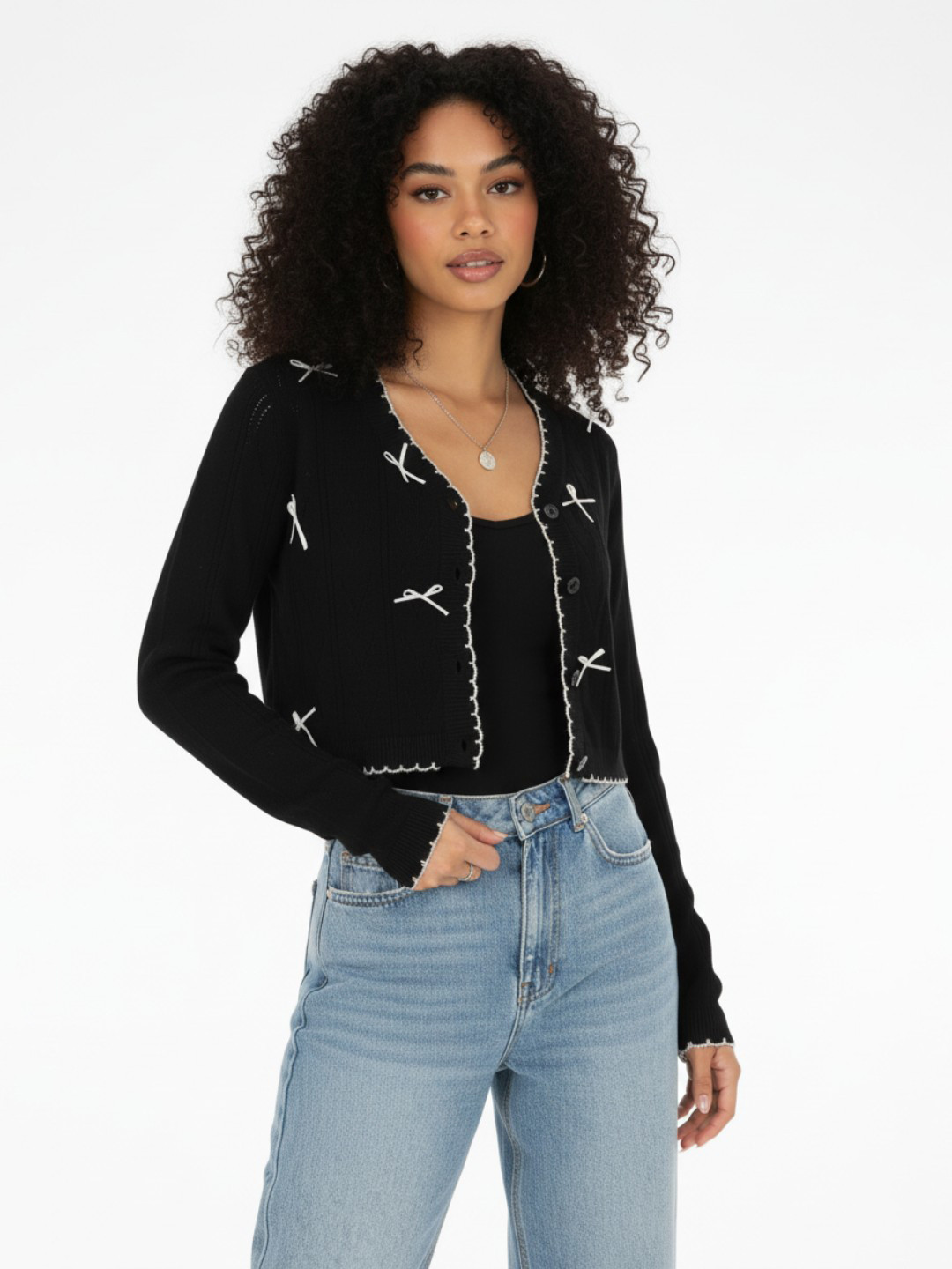 glitchez Open Knit Self Design V-Neck Cardigan With Bow Detail