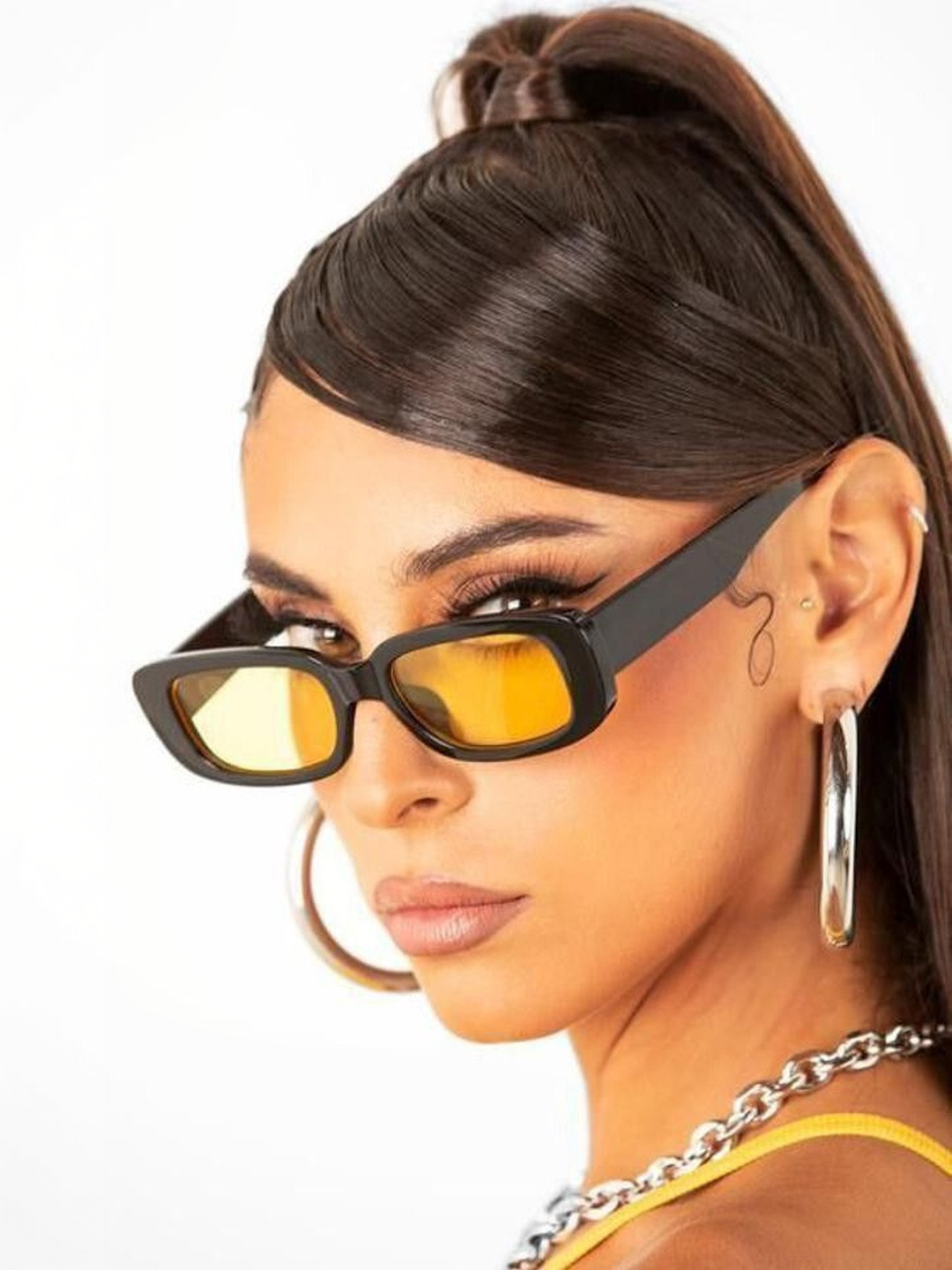 EYMEN I Unisex Yellow Lens & Black Rectangle Sunglasses with