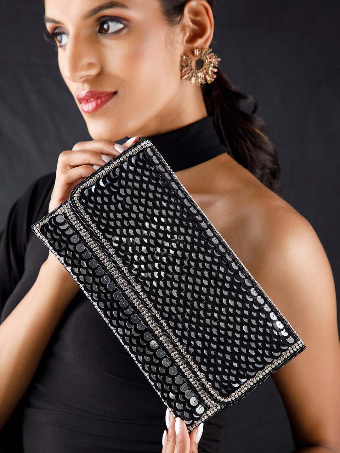 Rubans Black Sequin Embellished Clutch with Beaded Strap Detailing