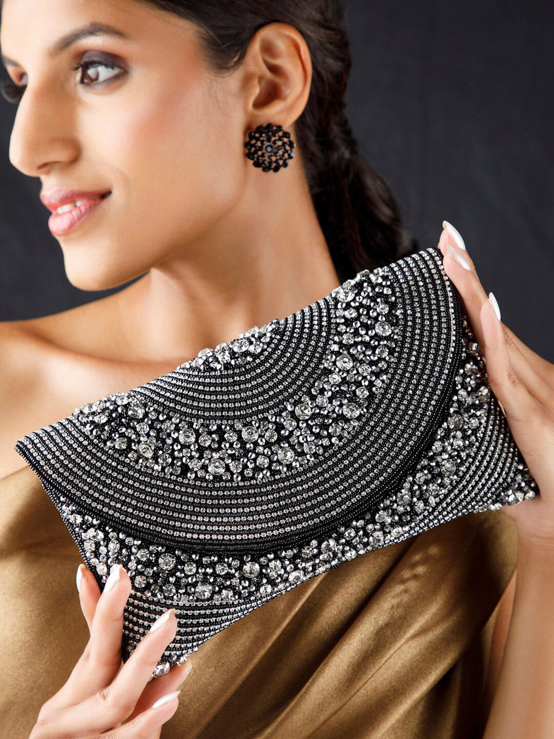 Rubans Handcrafted Black Sling Bag with Intricate Bead Embroidery & Sparkling AD Stone