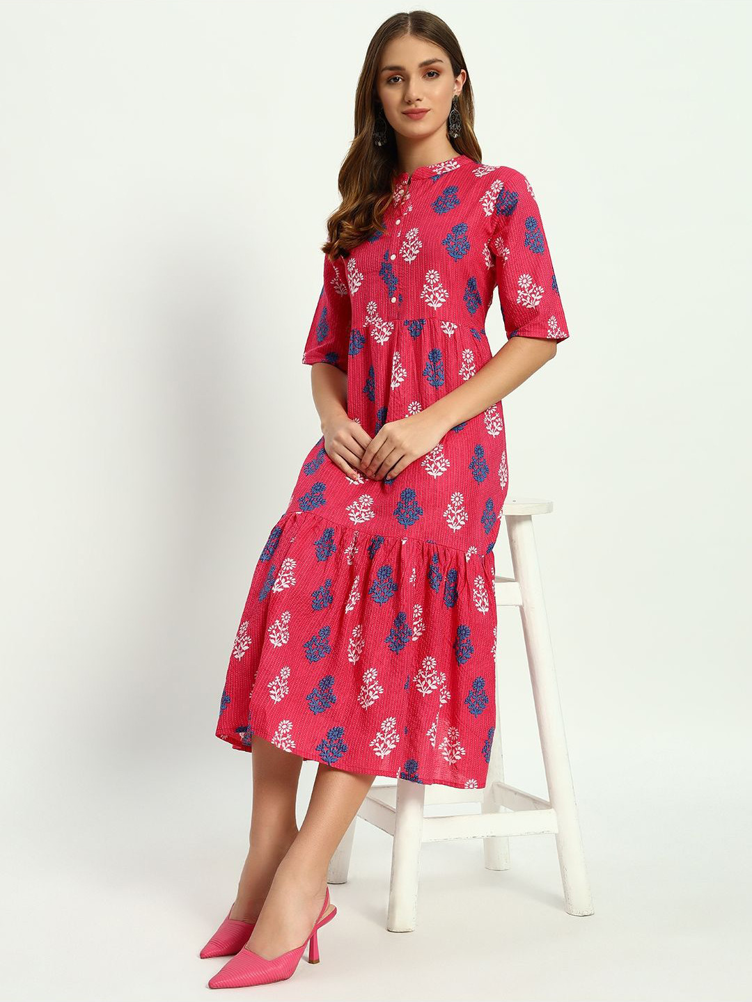 VYKOO Floral Printed Mandarin Collar Indie Prints A-Line Kurtas