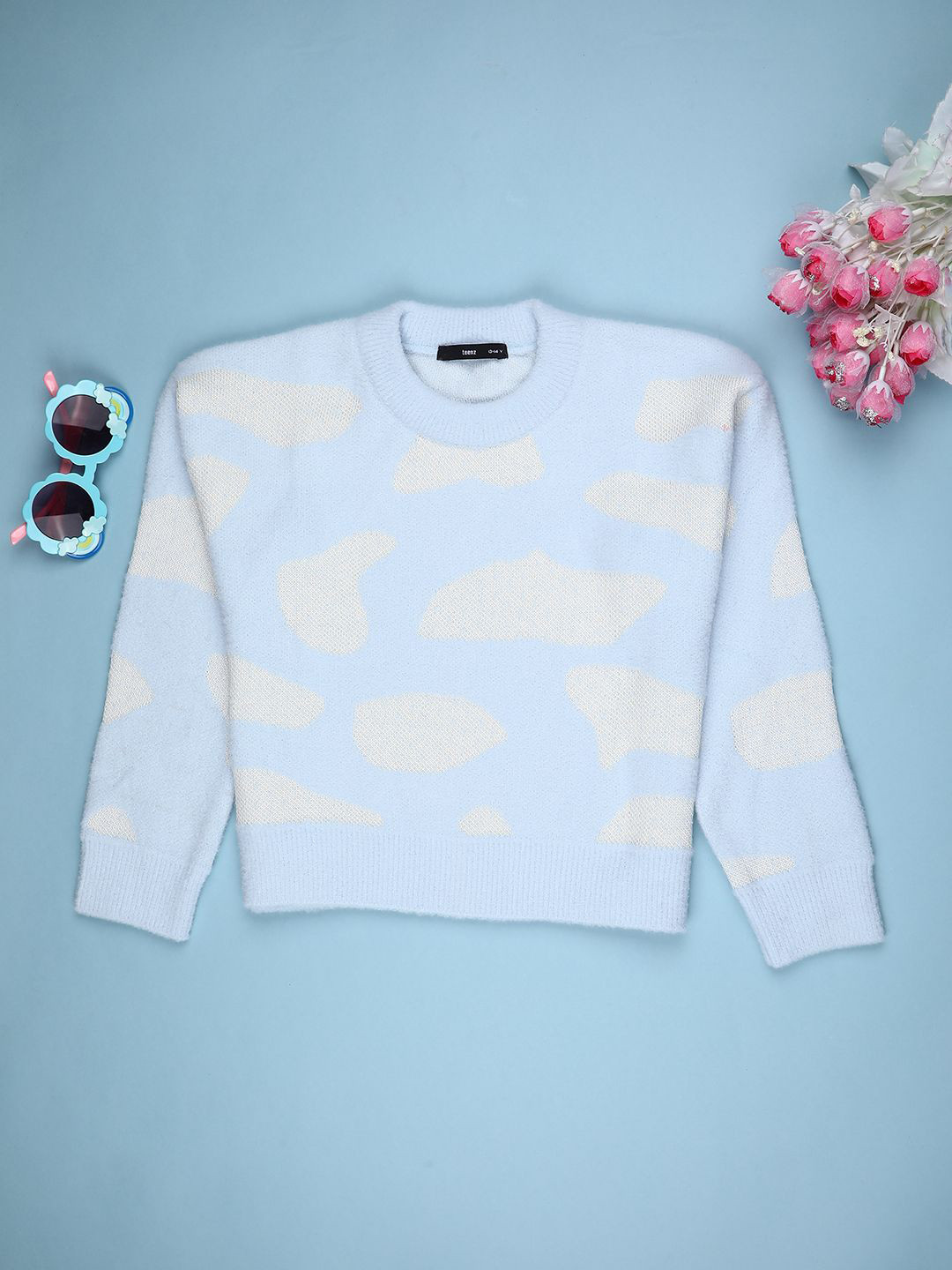 V-Mart Girls Round Neck Self Design Printed Pullover With Fuzzy Detail