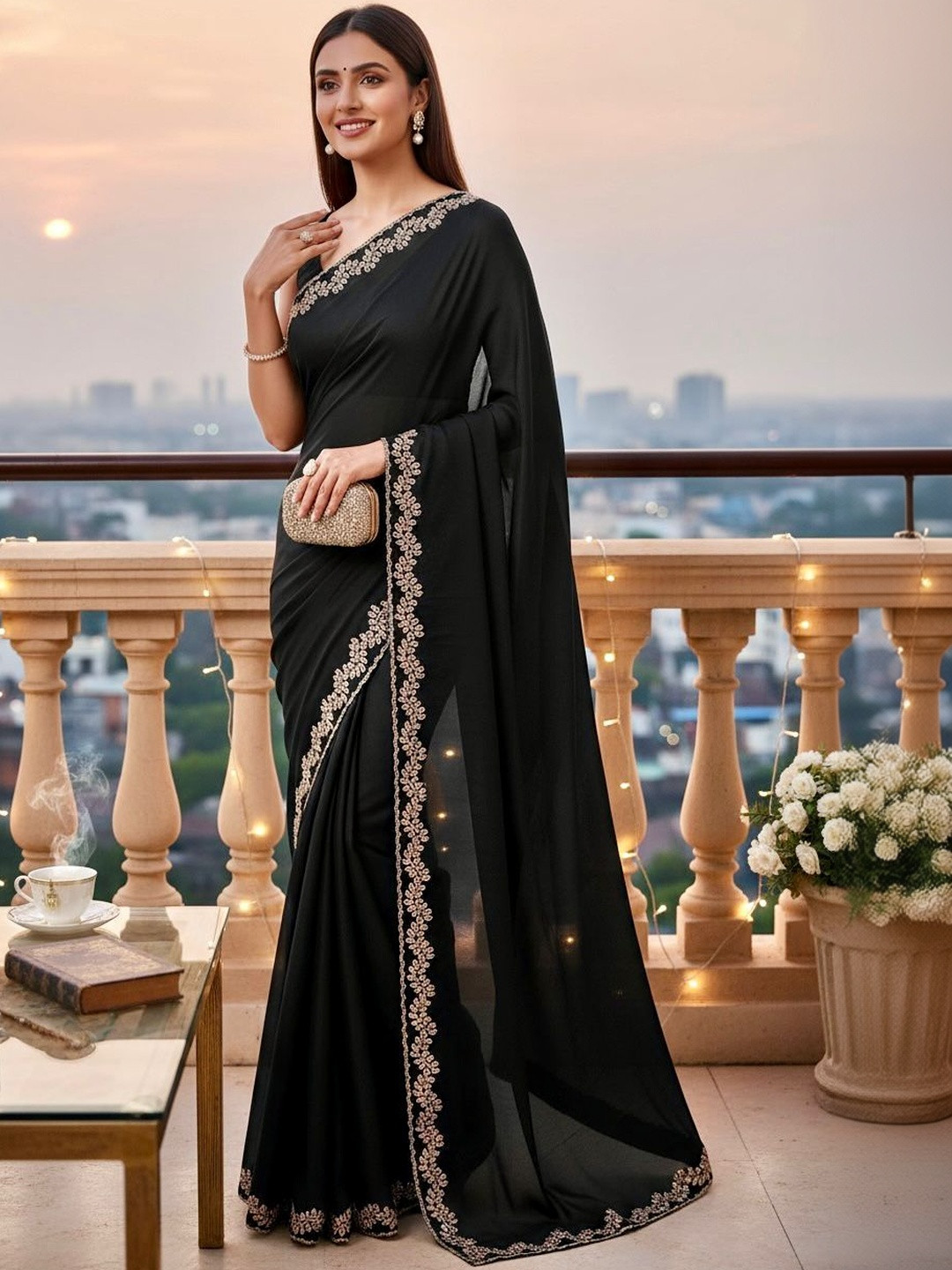 D tales Ethnic Motifs Sequinned Poly Chiffon Heavy Work Saree