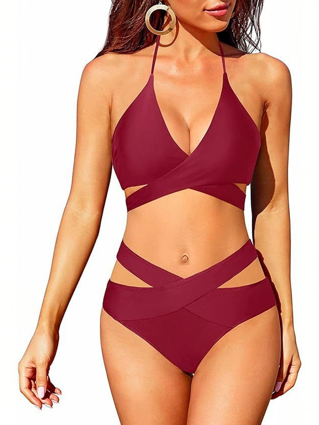 Fookre Women Solid Halter Neck Chic Criss-Cross Swin Bikini Set with Wrap Detailing