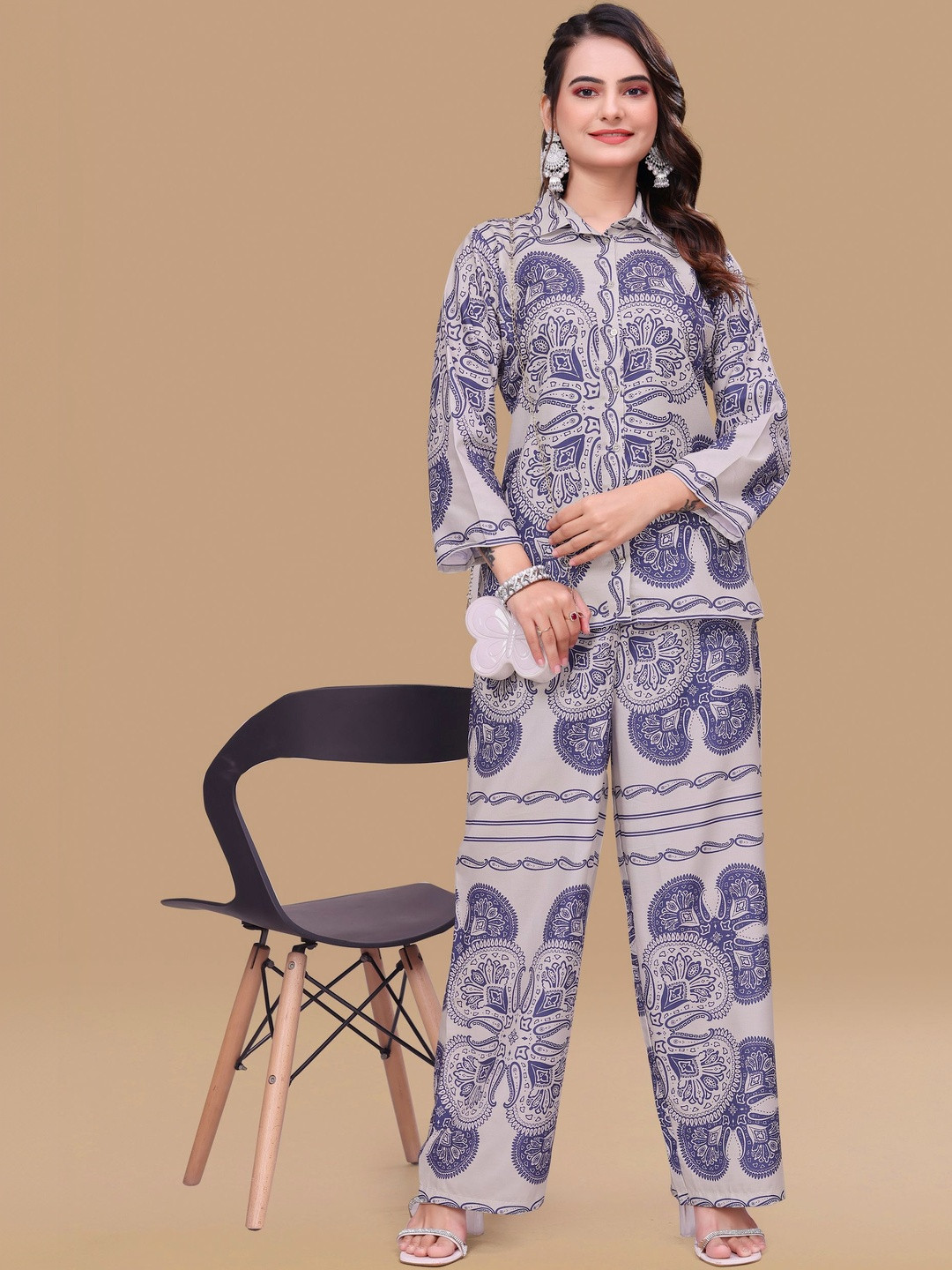 Peach Petals Printed Button Down Shirt With Trousers Co-Ords