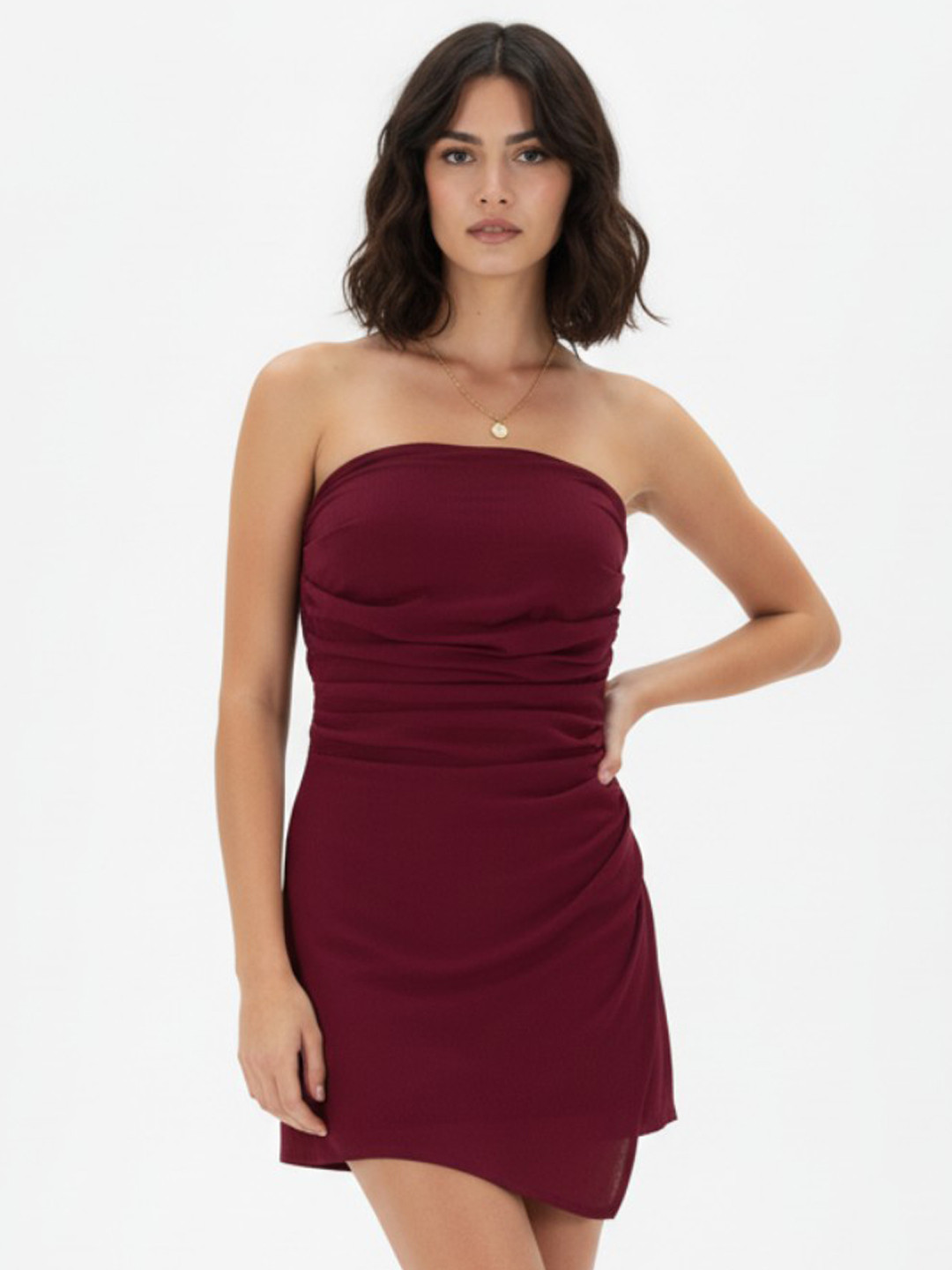glitchez Ruched Strapless Sheath Mini Dress