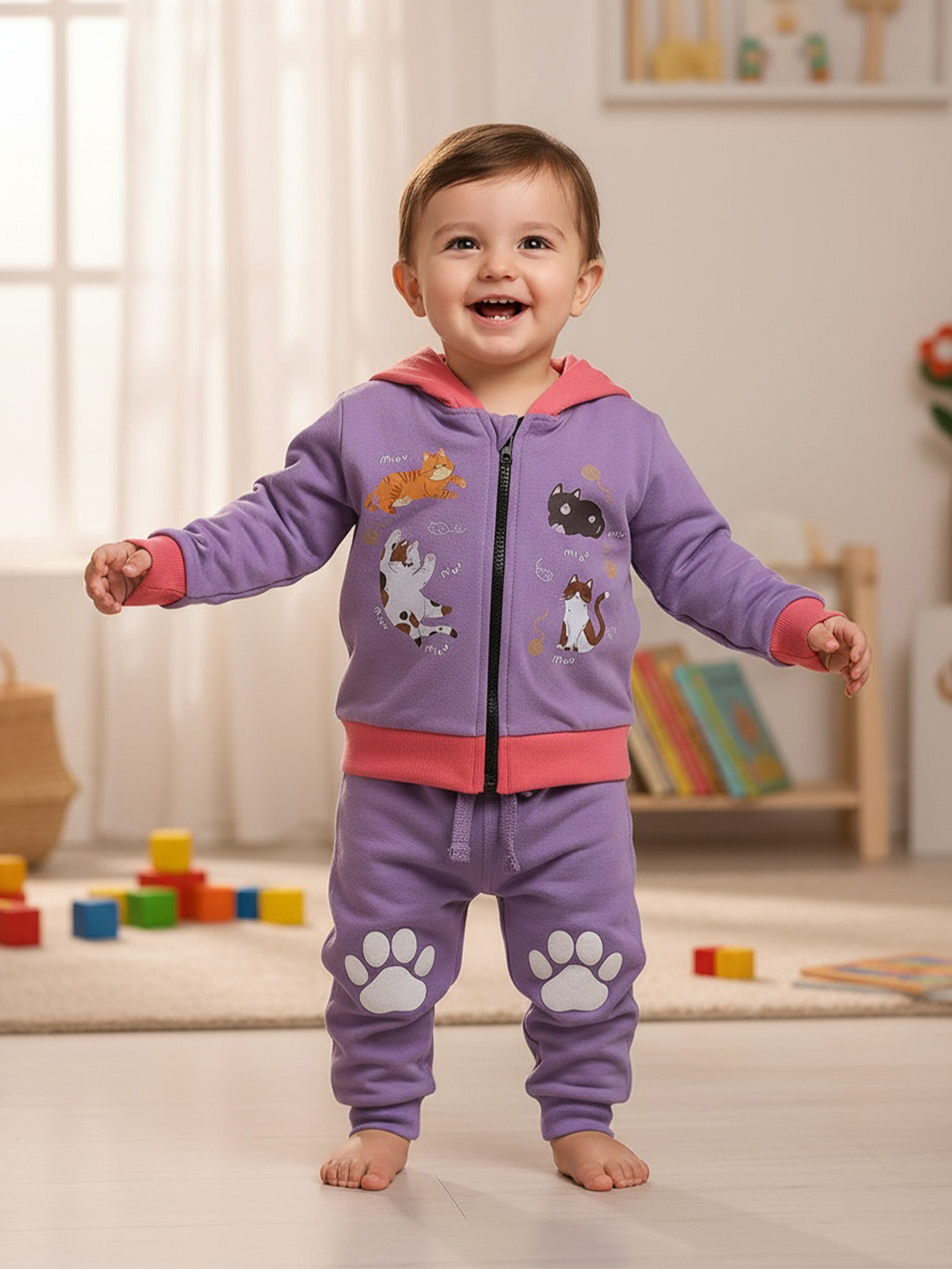 BONTOTS Infant Girls Cozy Kitty Printed Organic Cotton Zipper Hoodie