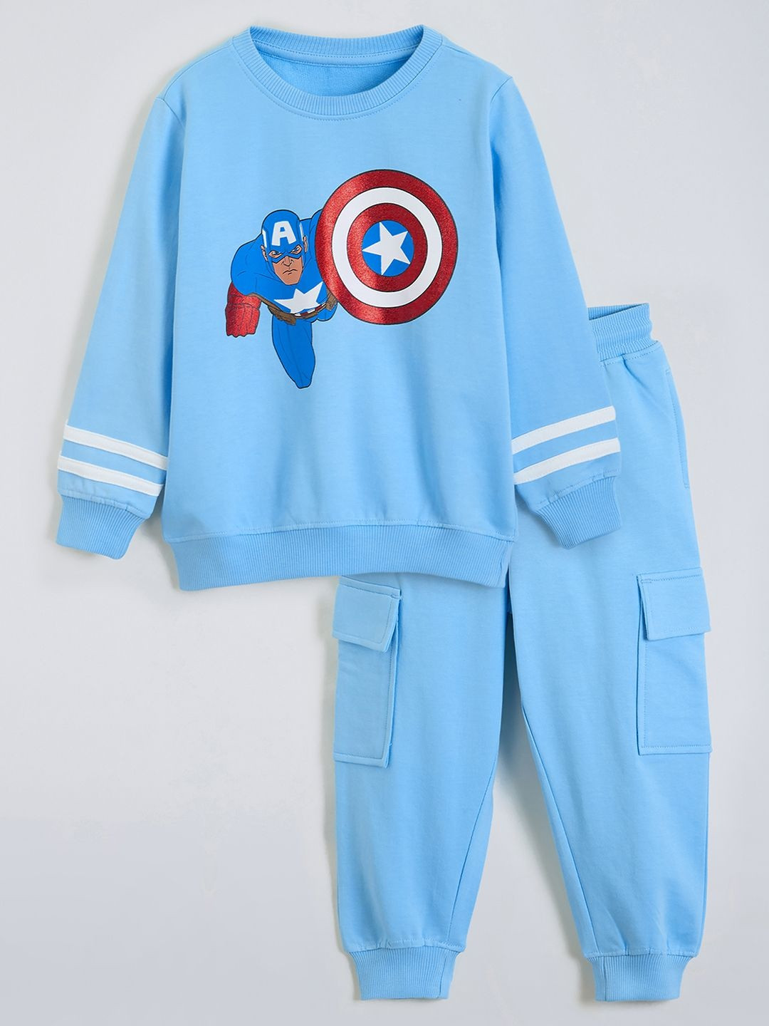 Hopscotch Boys Captain America Printed Long Sleeves Pure Cotton Sweatshirt With Jogger