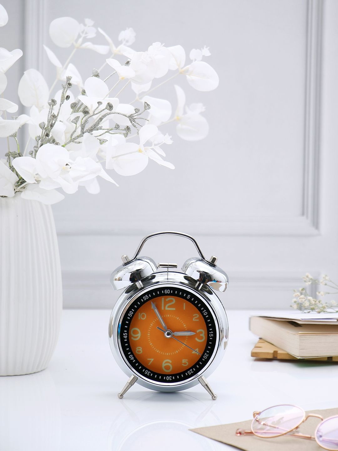 Archies Silver-Toned & Orange Metal Twin Bell Metal Alarm Clock
