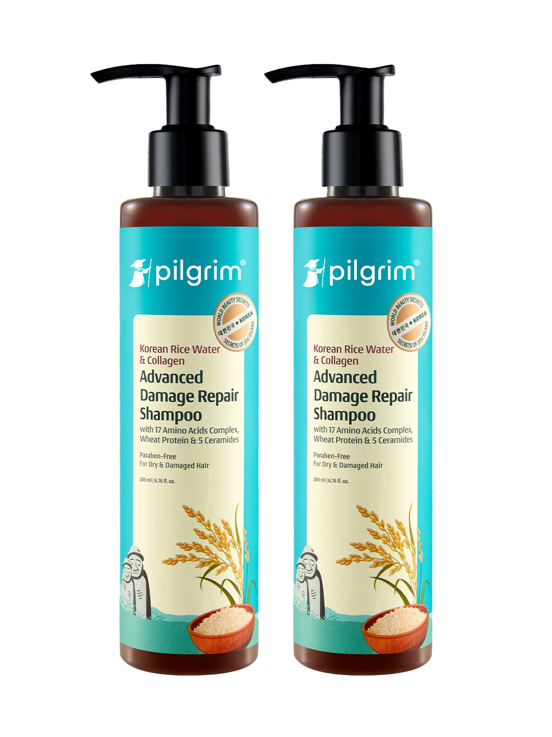 Pilgrim 2Pcs Korean Rice Water & Collagen Advanced Damage Repair Shampoo - 200ml each