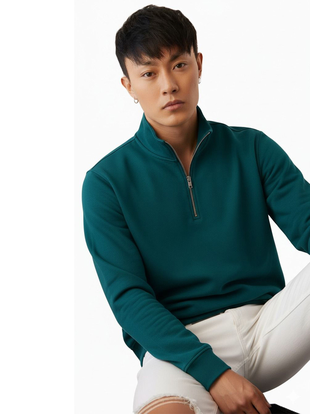 Try This Men Solid High Neck Half Zipper Sweatshirt