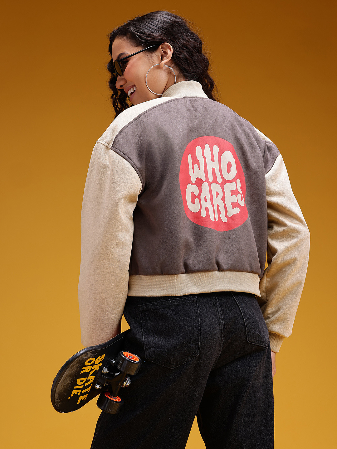 HERE&NOW Typography Printed Stand Collar Bomber Jacket