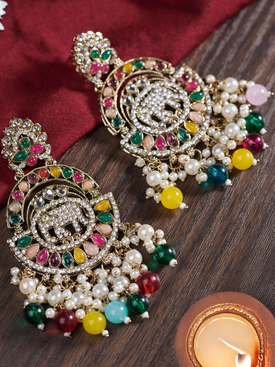 zarmar fashion Gold-Plated Stones Studded & Beaded Crescent Shaped Chandbalis
