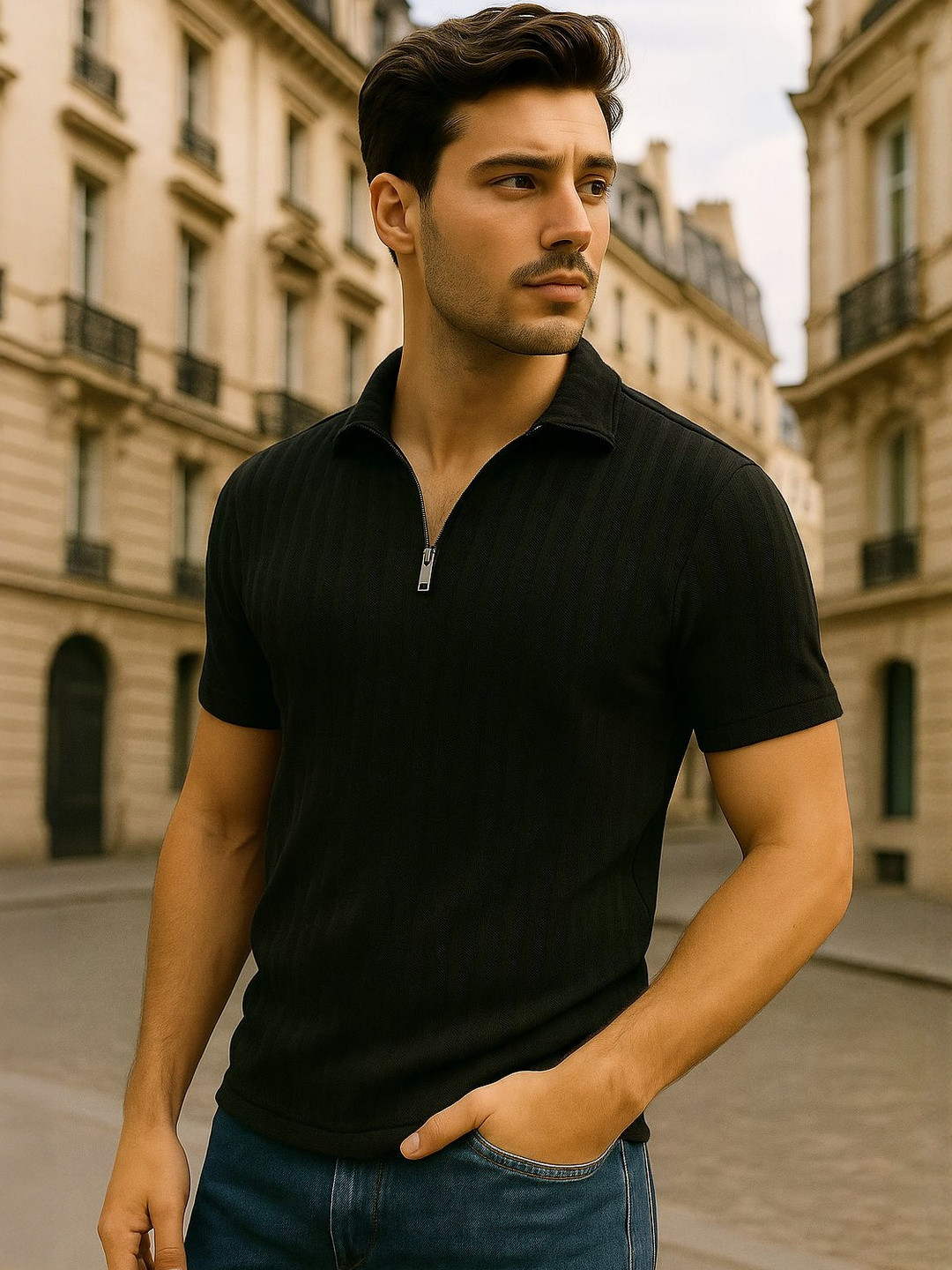 SZN Men Solid Polo Collar Regular Fit T-shirt with Zipper