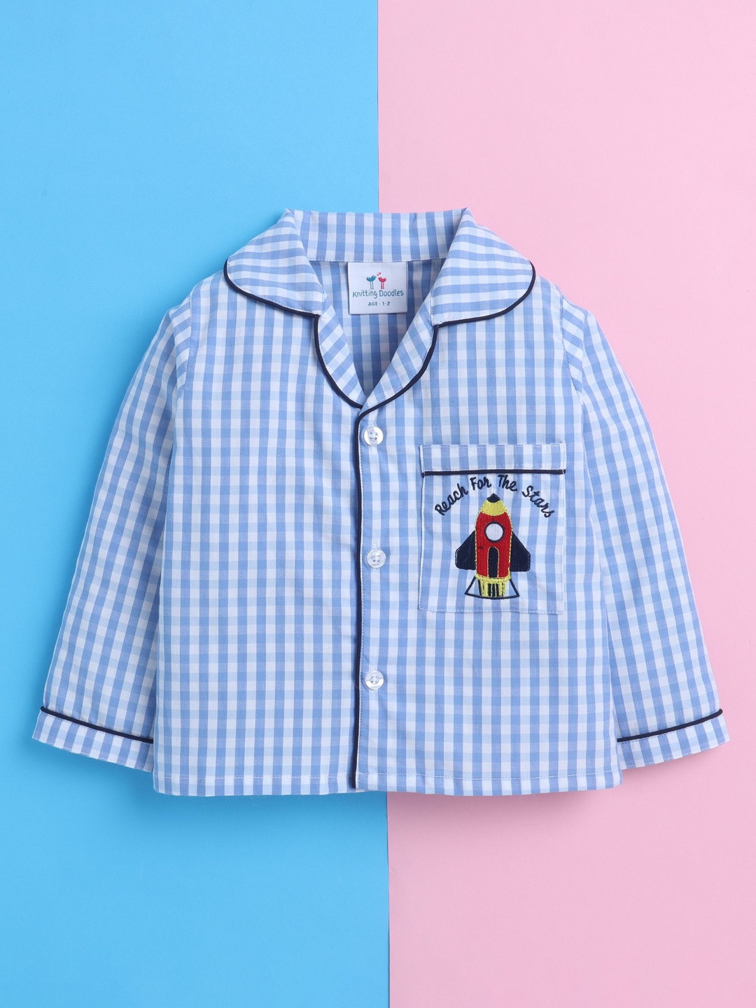 Knitting Doodles Kids Embroidery White Checked Lapel Collar Long Sleeves Pure Cotton Night Suit