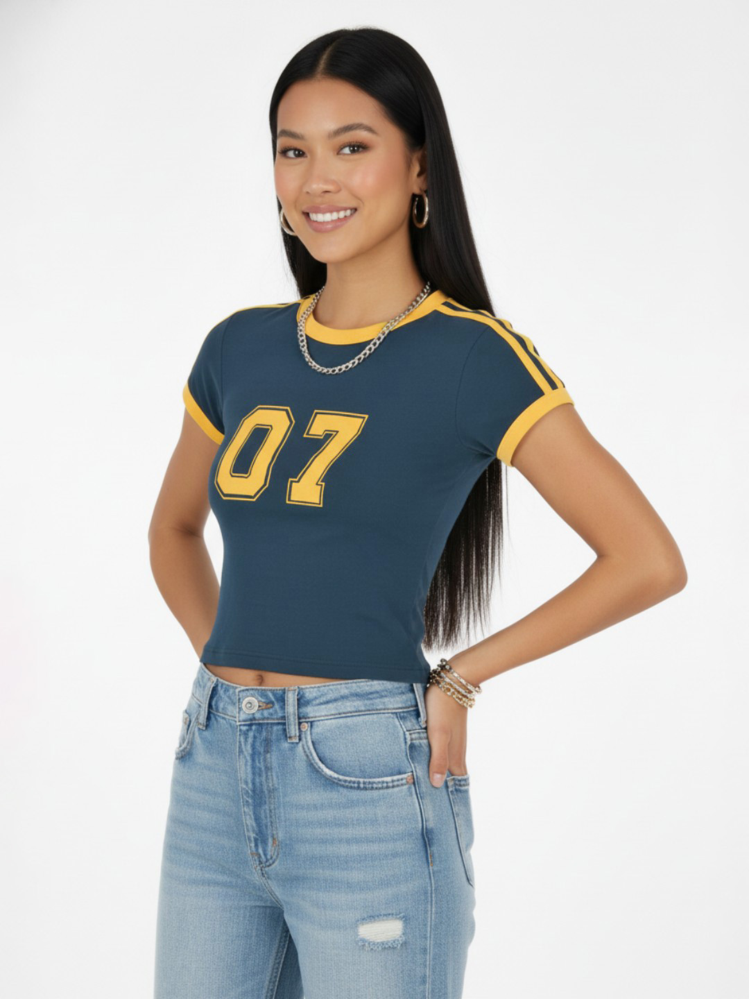 glitchez Typography Printed Slim Fit Cropped T-Shirt With Side Stripes