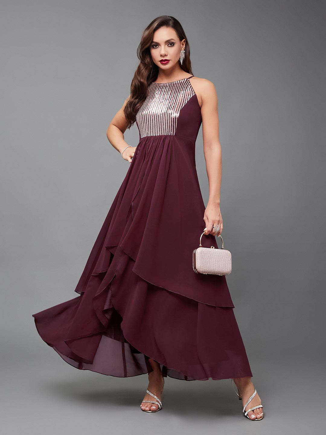 Women's Halter Neck Sleeveless Embellished Layered Georgette Maxi Dress