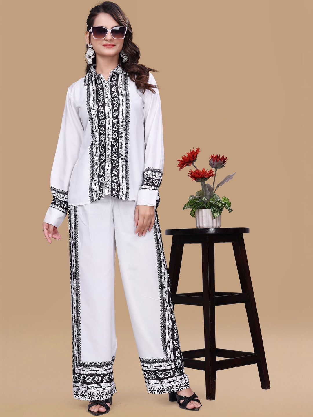 Peach Petals Printed Shirt Collar Neck Long Sleeves Shirt With Palazzo Co-Ords