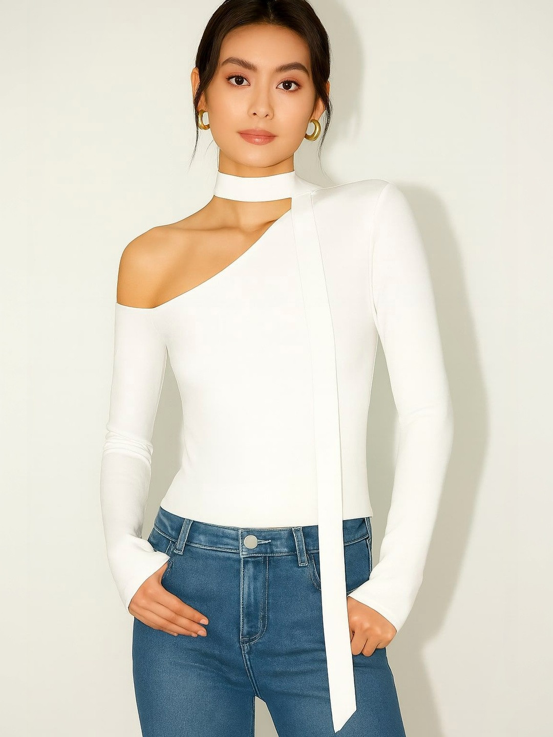 Pookiie One Shoulder Choker Neck Top