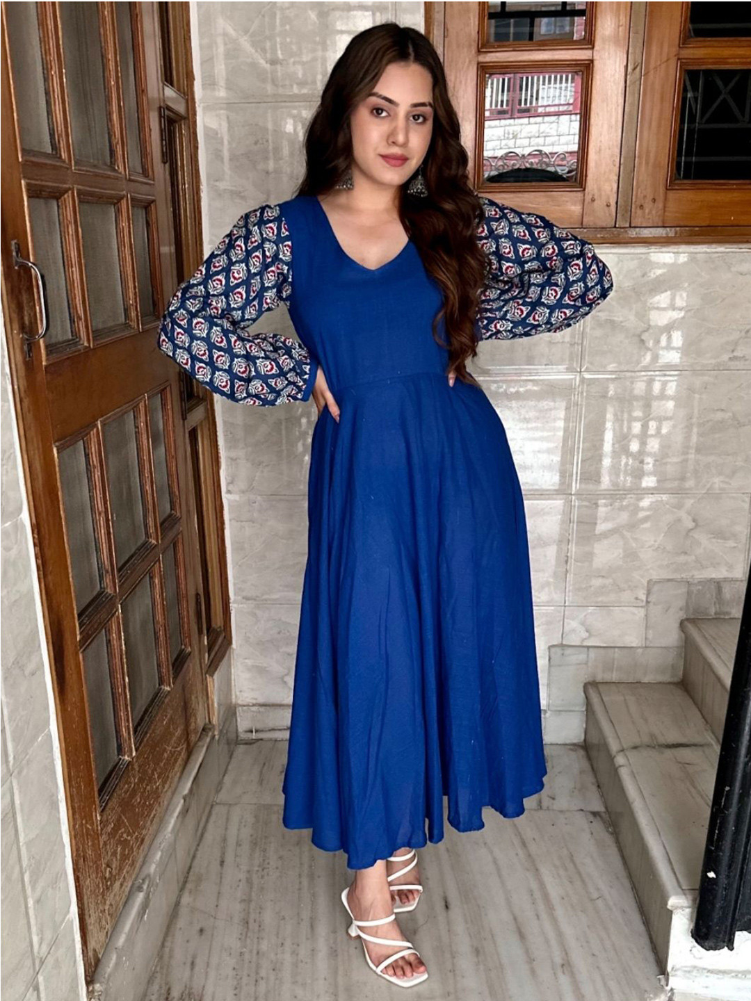 Darzigiri Colourblocked Puff Sleeve A-Line Midi Cotton Dress