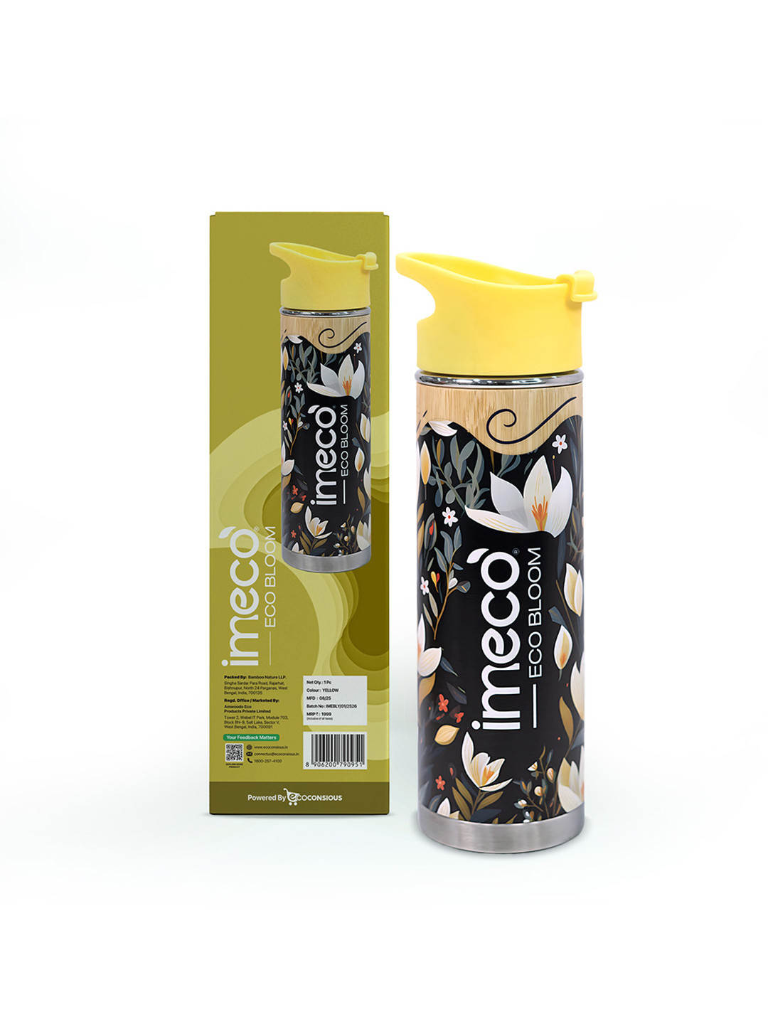 IMECO Yellow & Beige 2 Pcs Stainless Steel Printed Double Wall Vacuum Water Flask- 450 ml