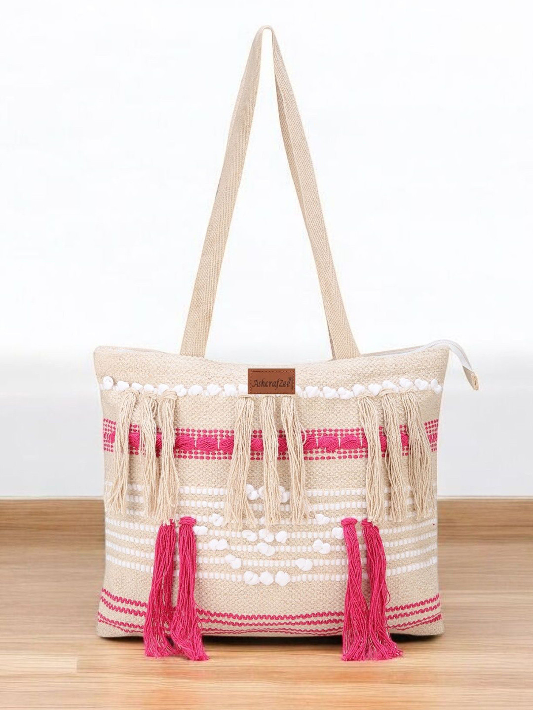 AshcrafZee Textured Up to 12 inch Tote Bag with Tasselled