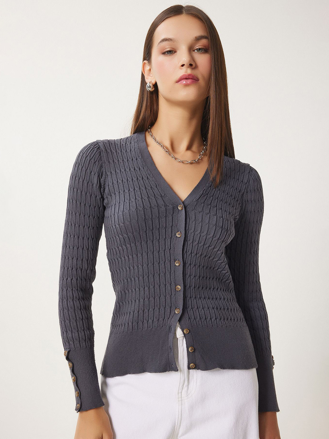 Happiness istanbul Women Cable Knit Ribbed Cardigan