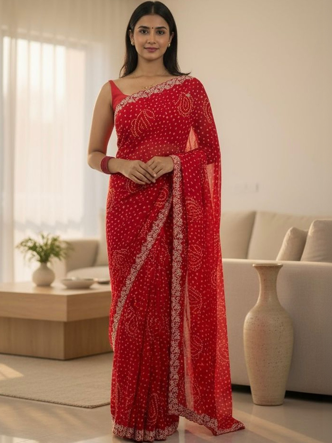 D tales Poly Georgette Bandhani Saree