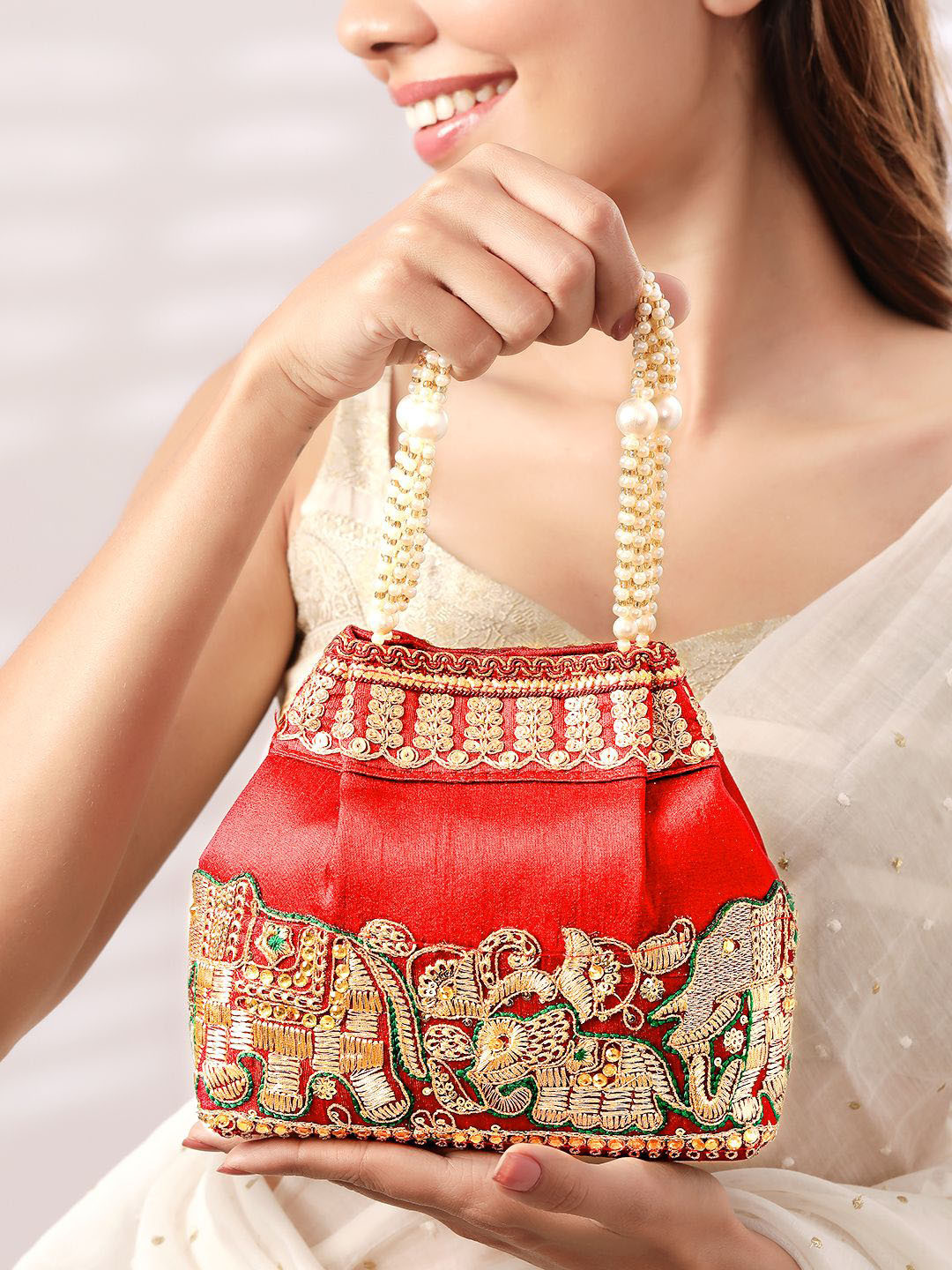 Rubans Red Embroidered & Green Border Potli Bag with Pearl Handle