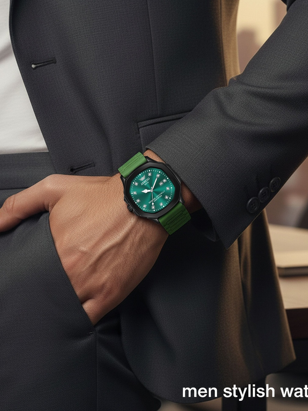 Abrexo Men Dial & Straps Analogue Date Aperture Watch Abx7201 GRN MGT ST