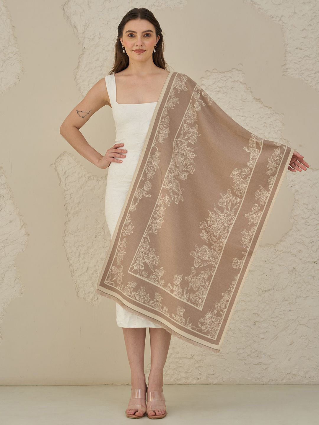 Knitkala Cashmere Reversible Woollen Stole with Floral Border