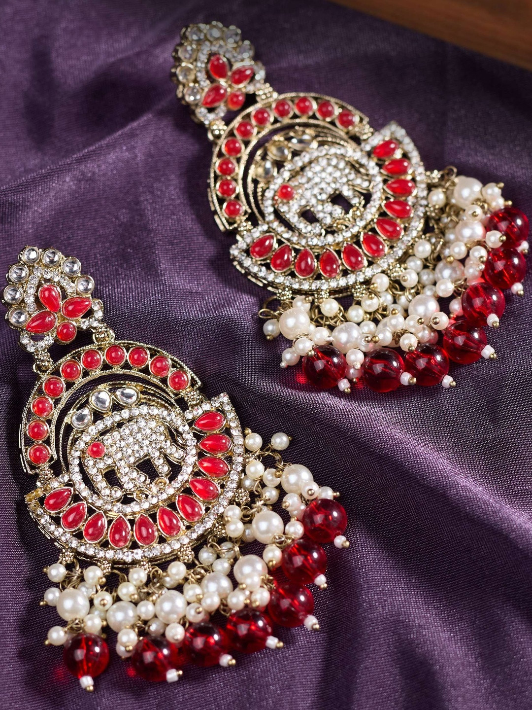 zarmar fashion Gold-Plated Artificial Stones Studded & Beaded Crescent Shaped Chandbalis