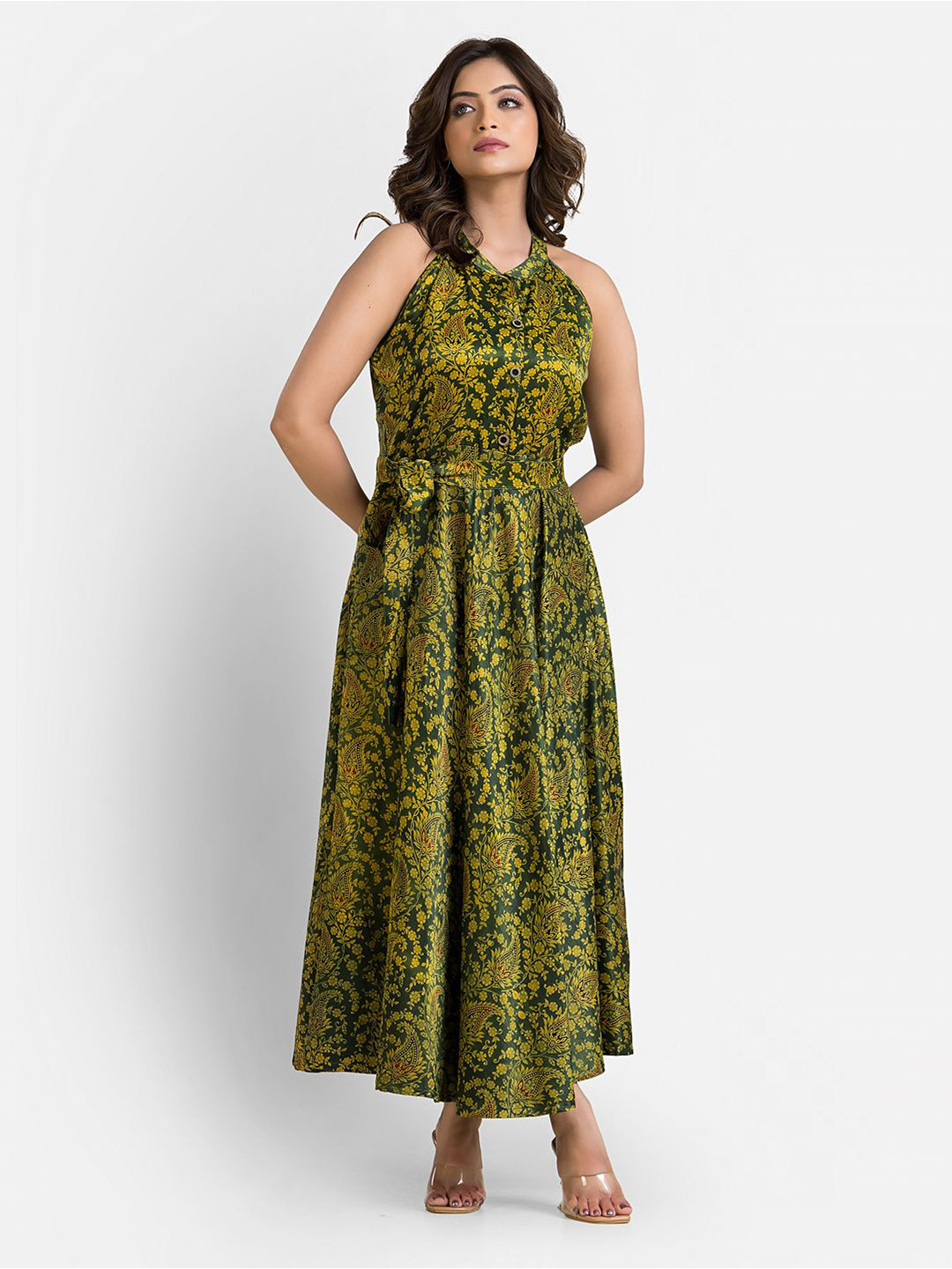 Crazy Needle Print Halter Neck Fit & Flare Midi Dress