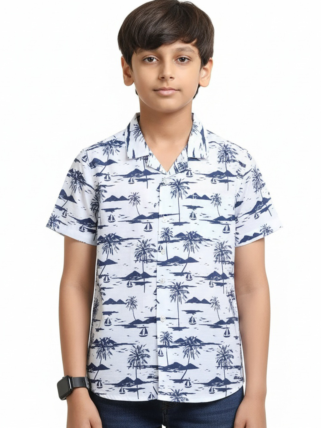 The Lion and Fish Boys Relaxed Fit Conversational Printed Cuban Collar Casual Shirt