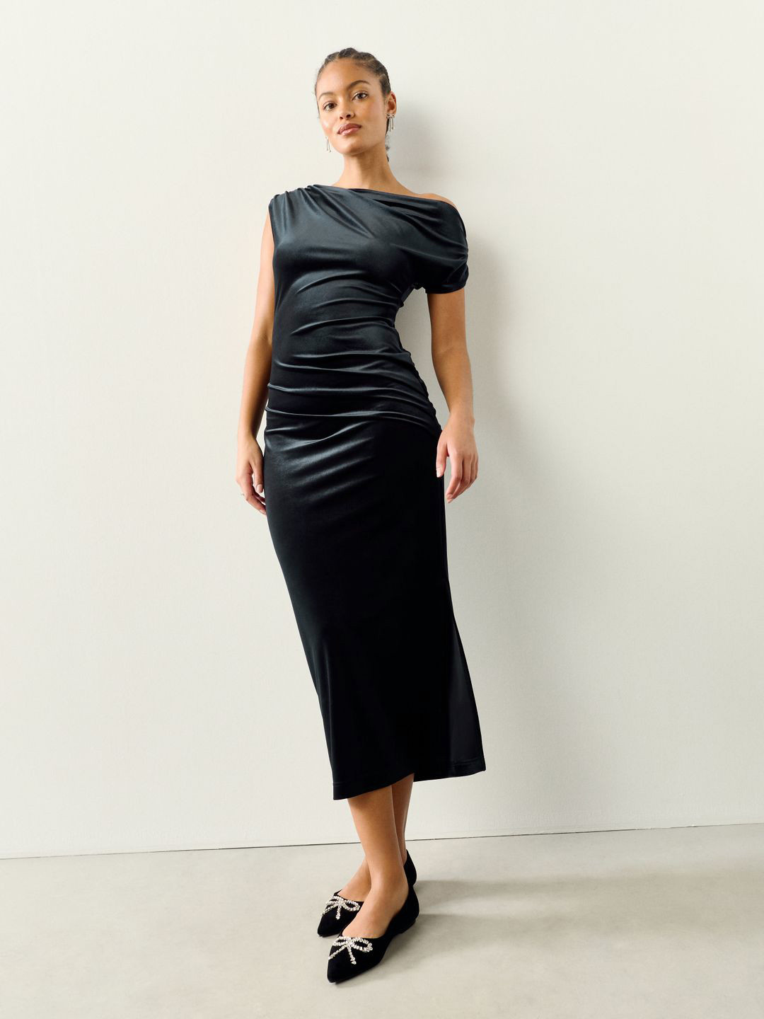 NEXT Off-Shoulder Velvet Finish Ruched Bodycon Midi Dress
