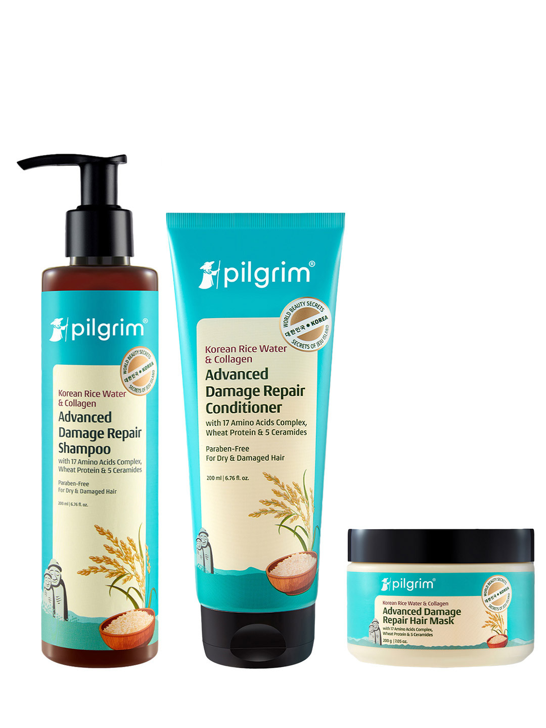 Pilgrim Korean Rice Water & Collagen Hair Care Combo - Shampoo + Conditioner + Hair Mask