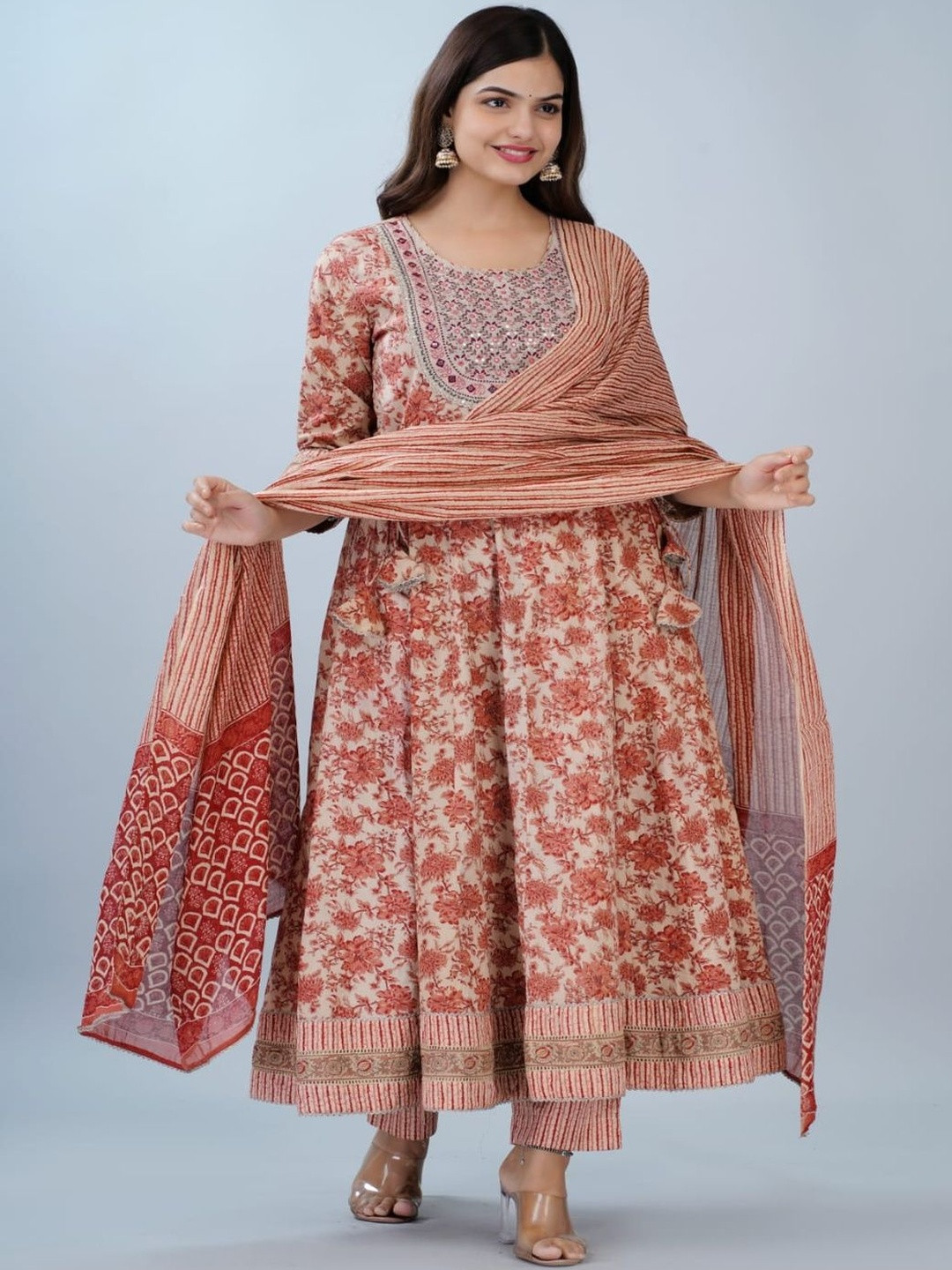 AKARSHITA SALES Women Floral Yoke Design Regular Mirror Work Pure Cotton Kurta Set