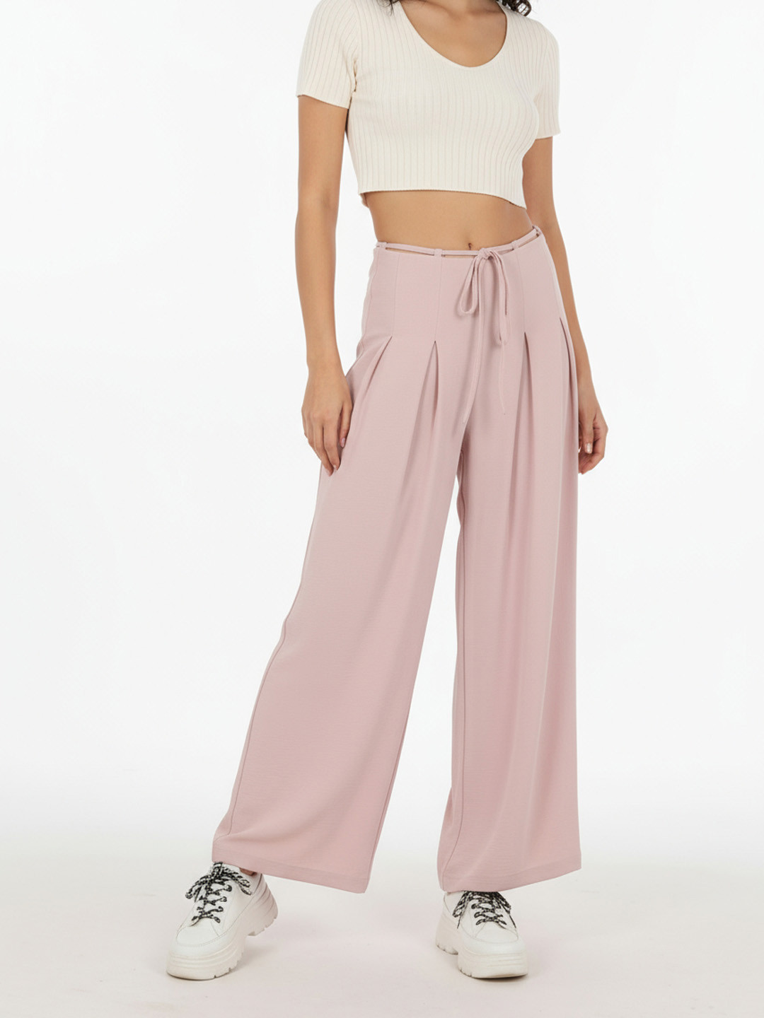 glitchez Pleated Mid-Rise Wide Leg Track Pants With Drawstring Closure